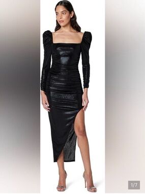 Astr the Label Black Puff-Sleeve Square-Neck Midi Dress Medium